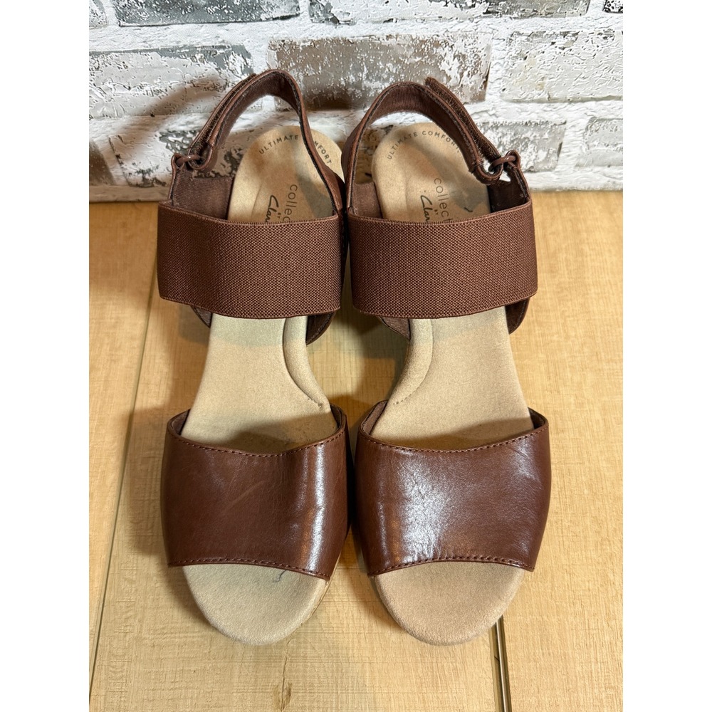 Clarks Wedge Sandals Womens 8.5 Brown Excellent Leather Cork Slingback 26150575